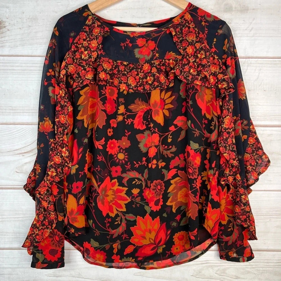 LOFT Floral Print Long Sleeve Semi Sheer Ruffle Top Size Small Blue Red - Picture 2 of 14